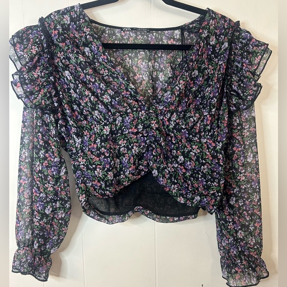 Zara, size small, Cropped Blouse Floral Long Sleeve Ruffle V Neck sheer - Picture 2 of 6